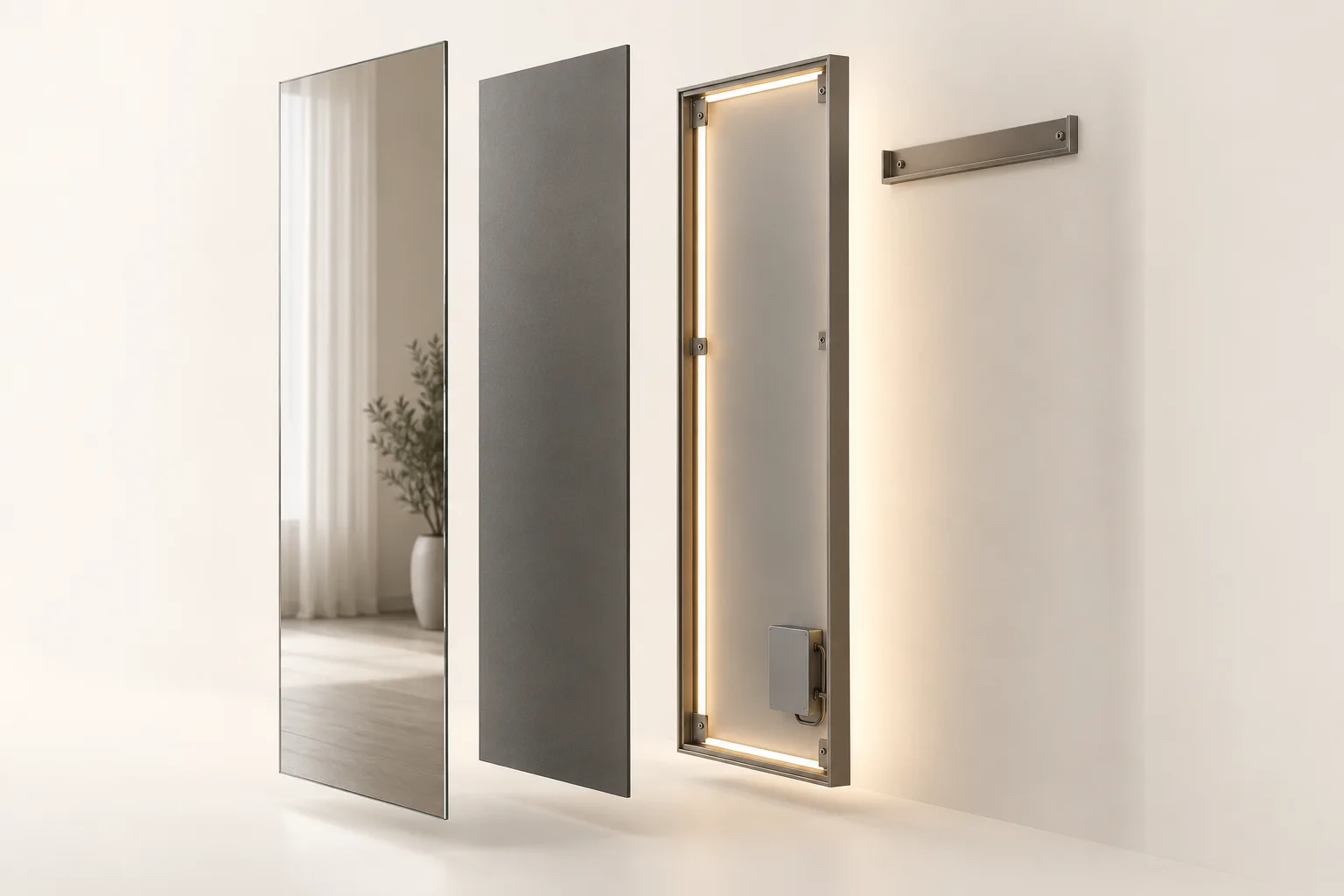 Conceptual exploded 3D view of mirror glass, protective backing, support frame, LED assembly, driver and wall cleat