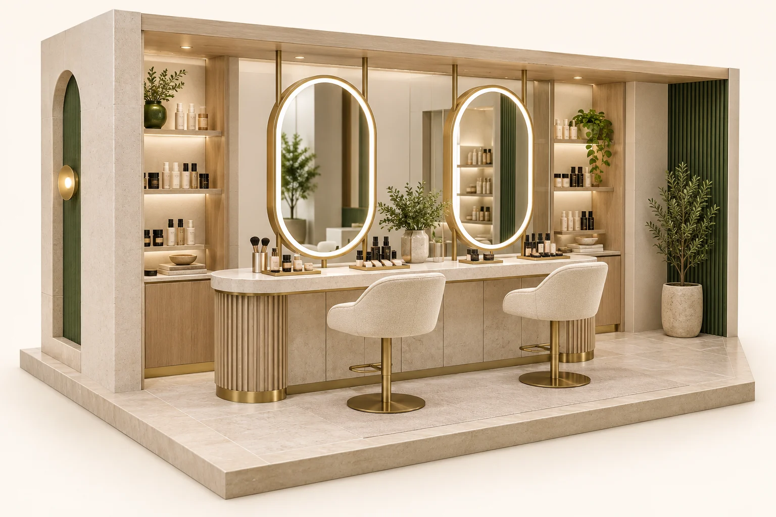 3D beauty consultation counter with oval illuminated mirrors and seating