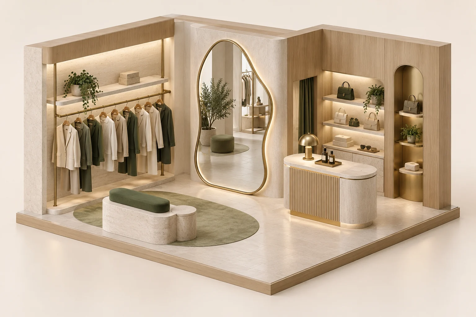 Feature mirror for a customer-facing store zone