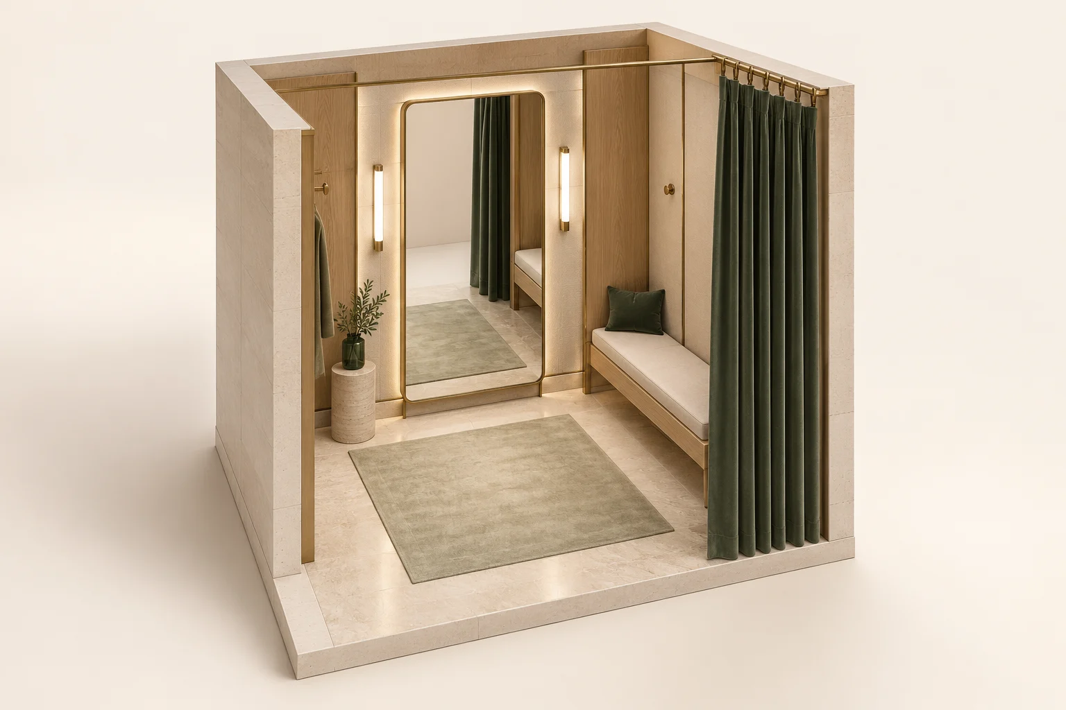 3D retail fitting-room layout with full-length mirror, bench and curtain