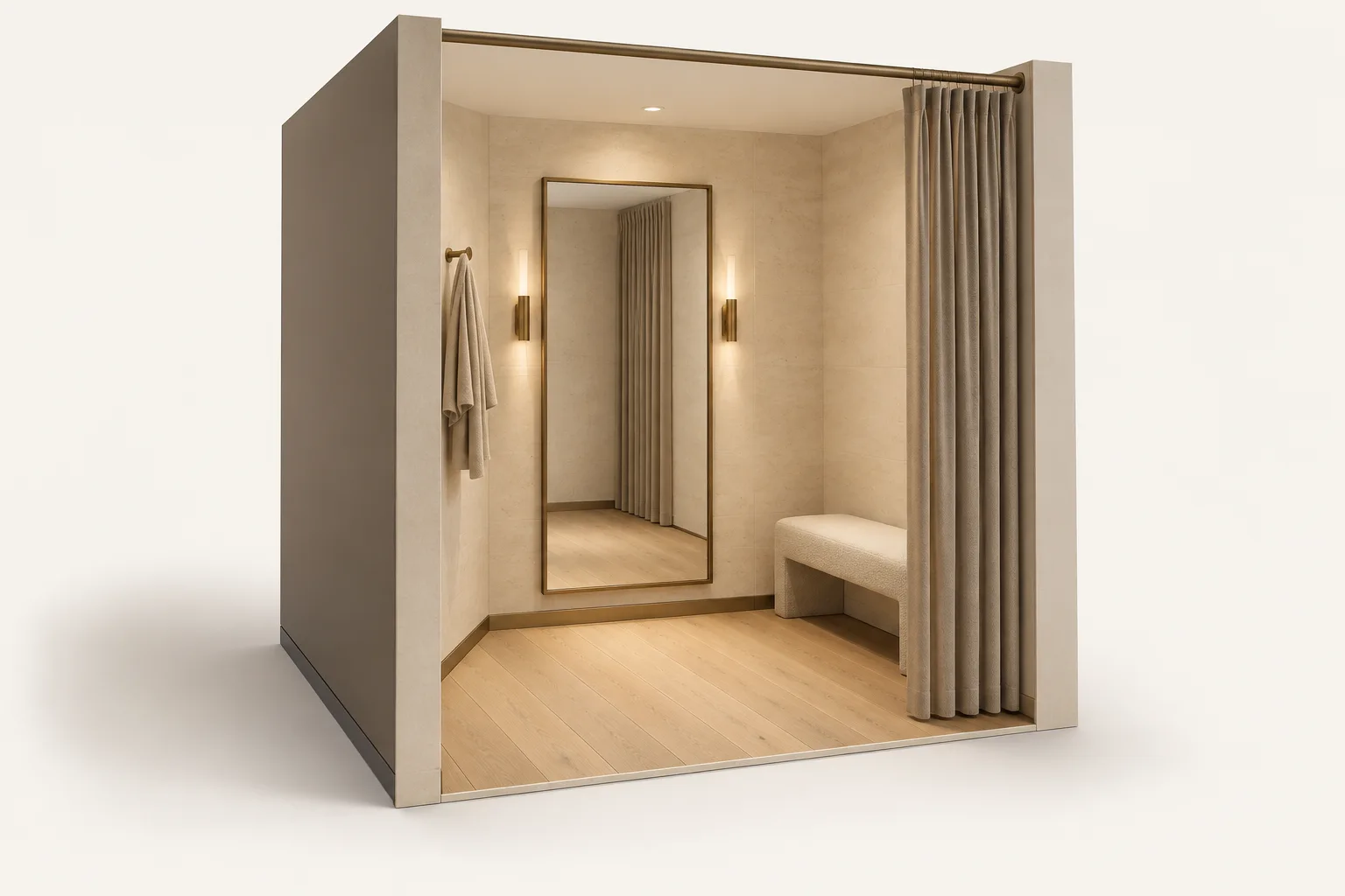 3D concept of a retail fitting bay with a full-length mirror, side bench and curtain