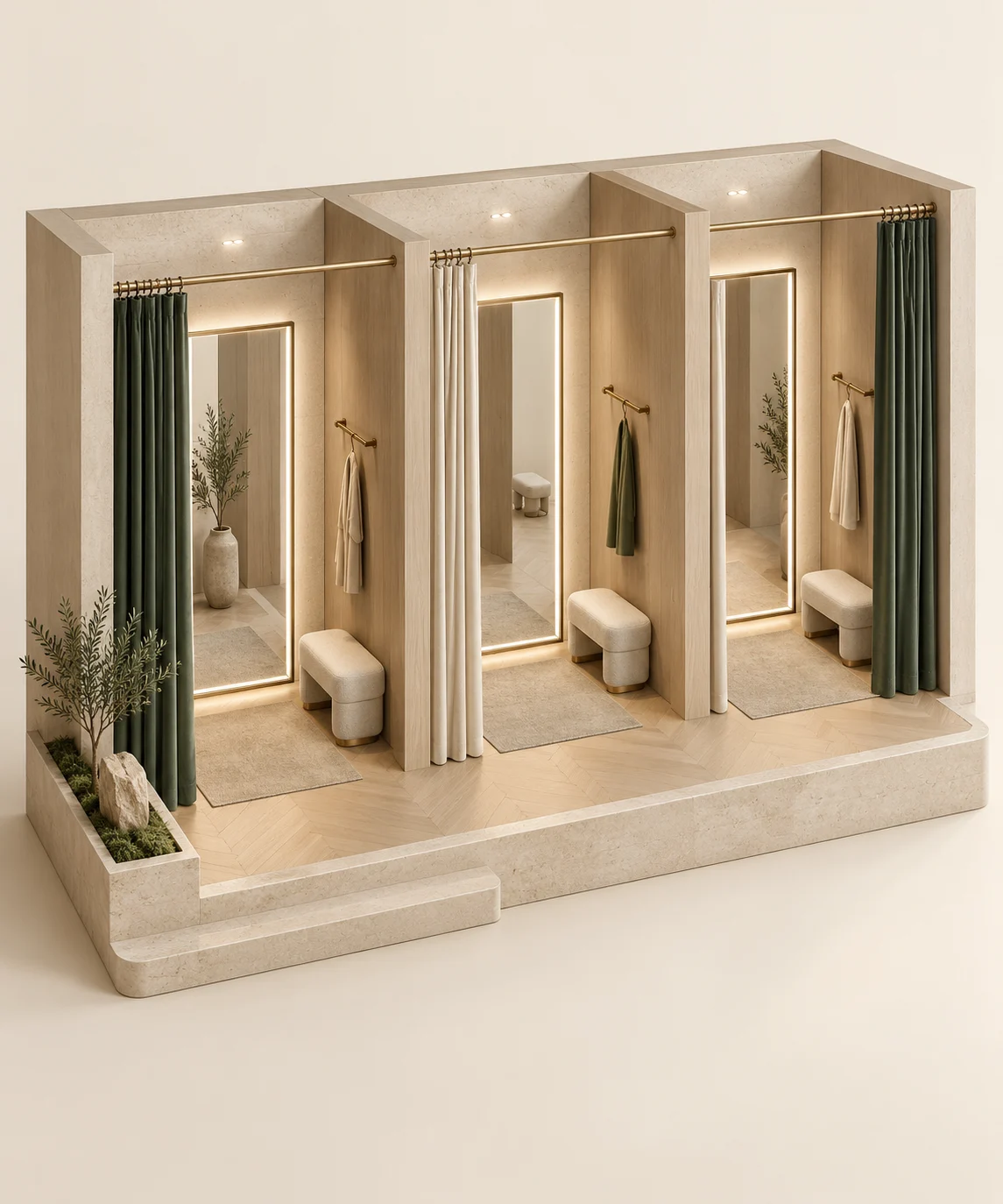 3D design visualization of coordinated full-length mirrors across retail fitting rooms