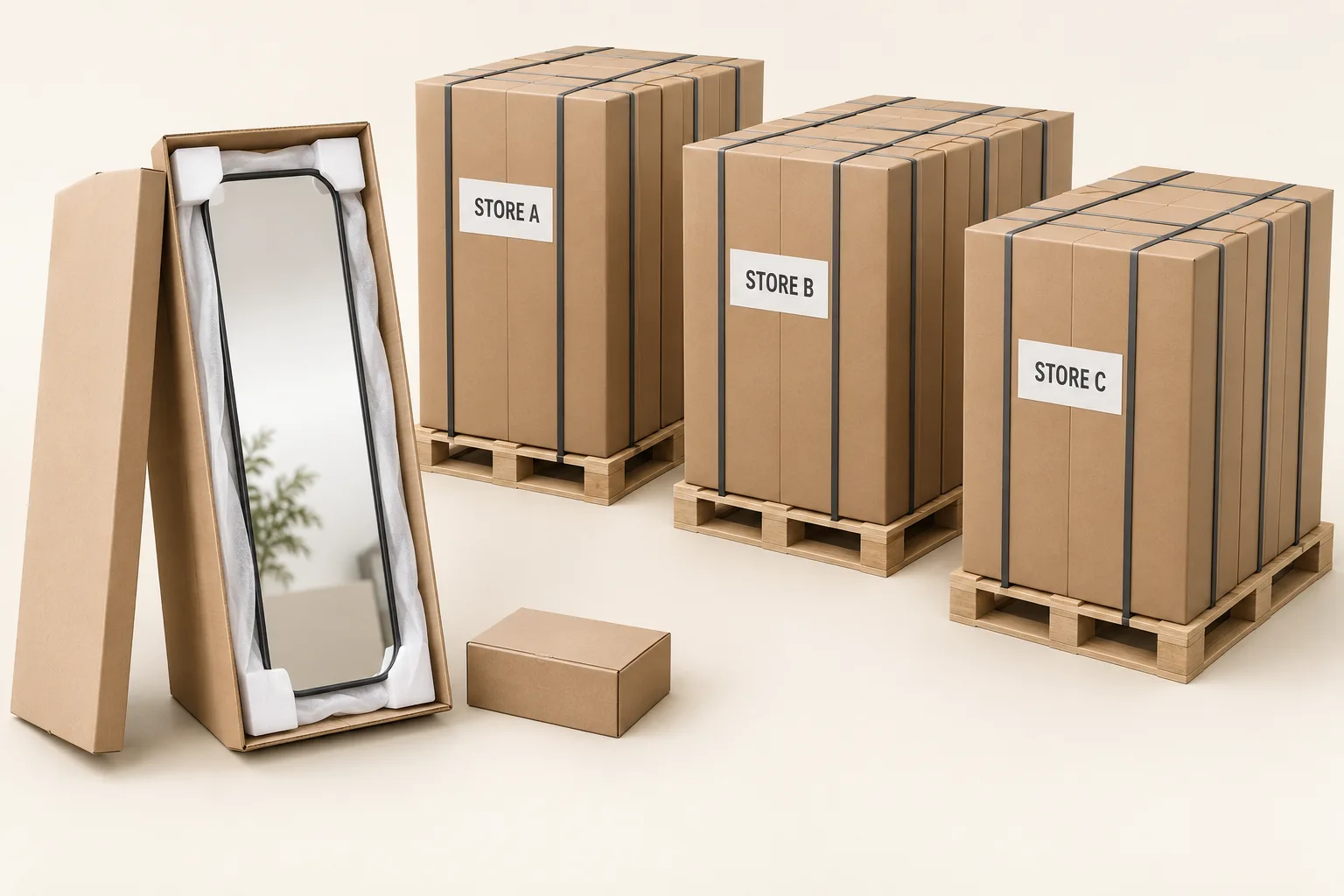 3D concept showing mirror corner protection and cartons grouped under illustrative Store A, B and C labels