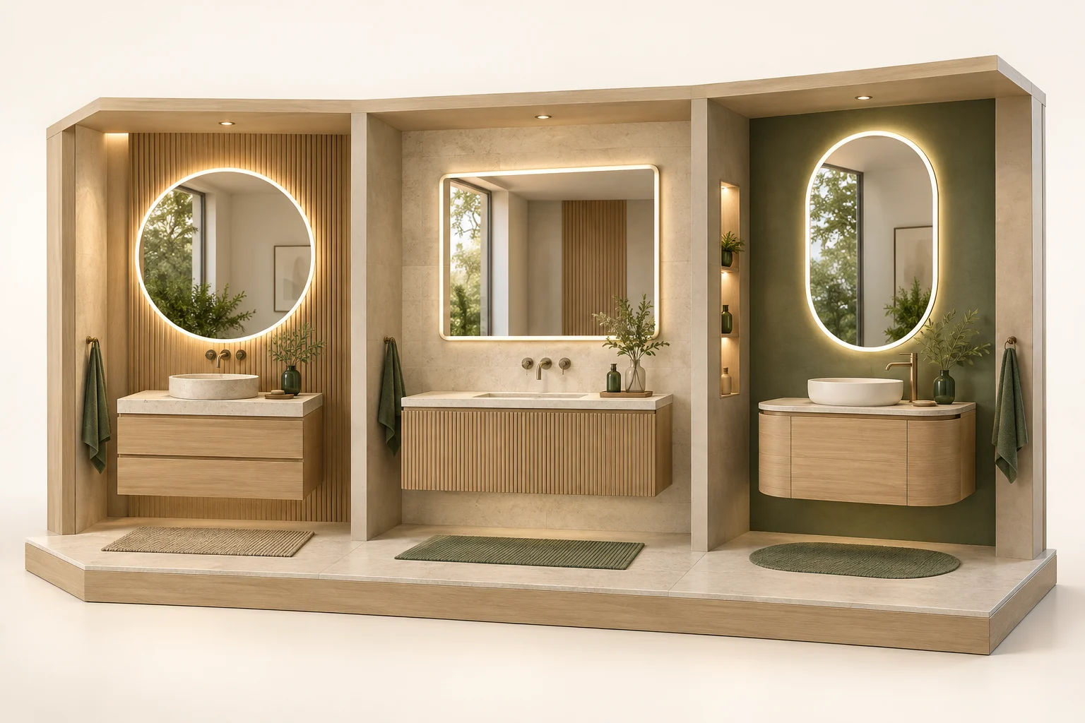 LED mirrors in coordinated retail vanity display bays