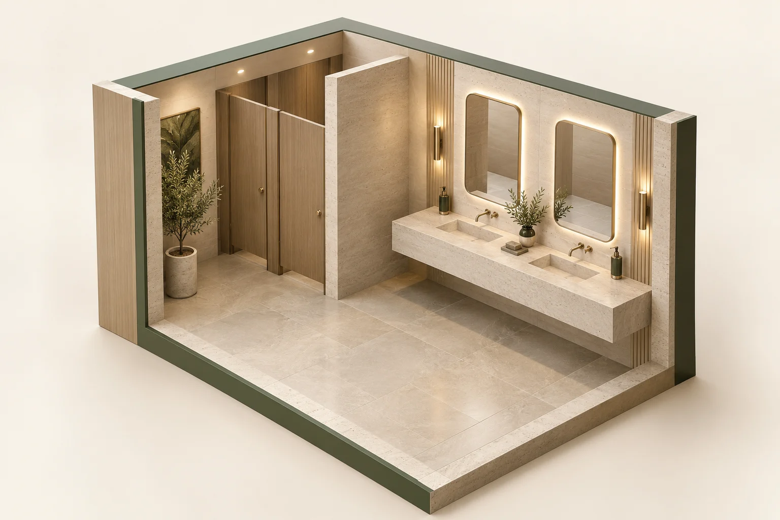 3D public washroom layout with illuminated mirrors and two basins