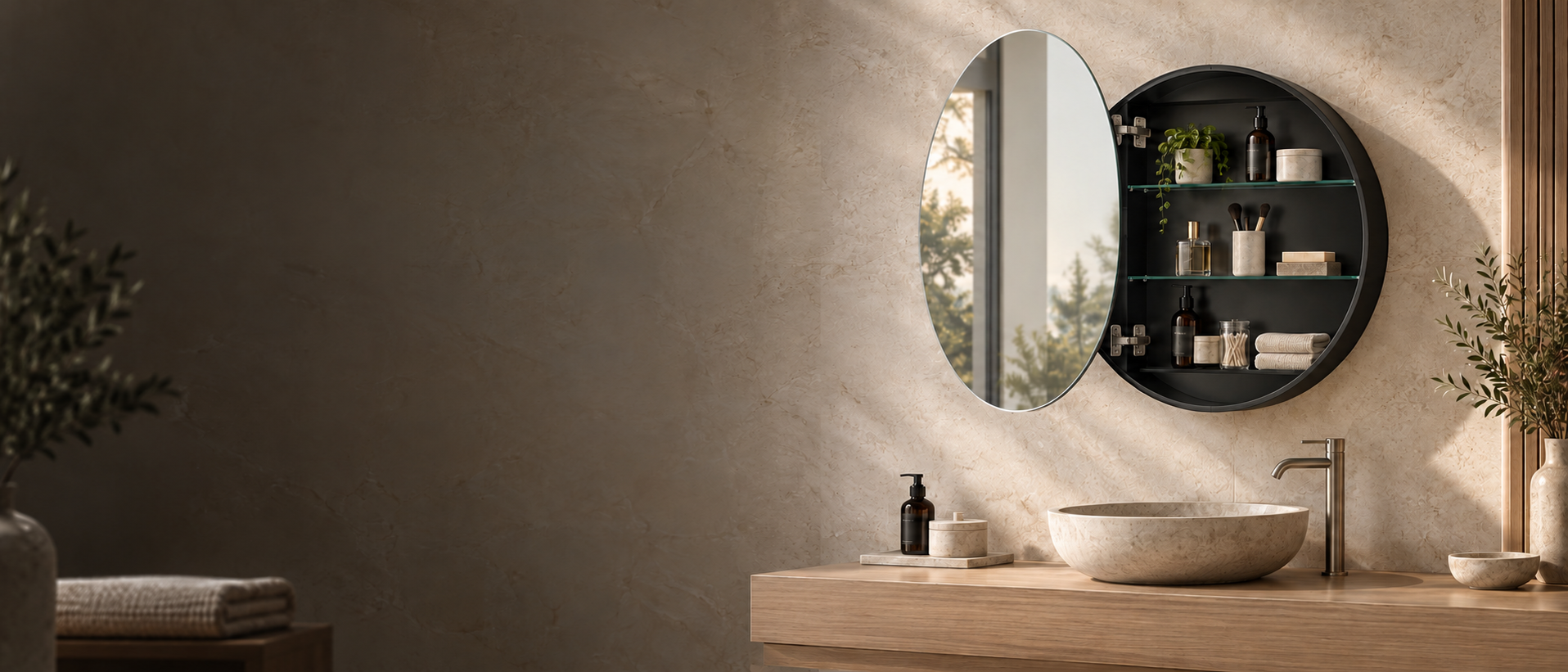 Round mirrored medicine cabinet shown open above a bathroom vanity