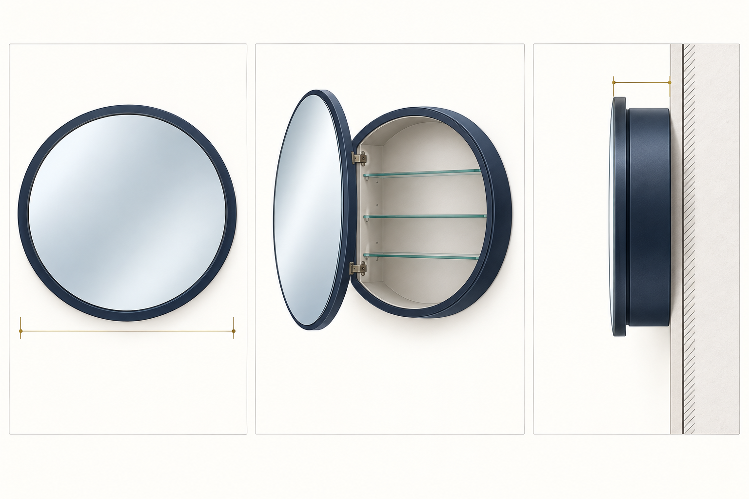Technical illustration showing front elevation, open-door view and wall section of a round medicine cabinet