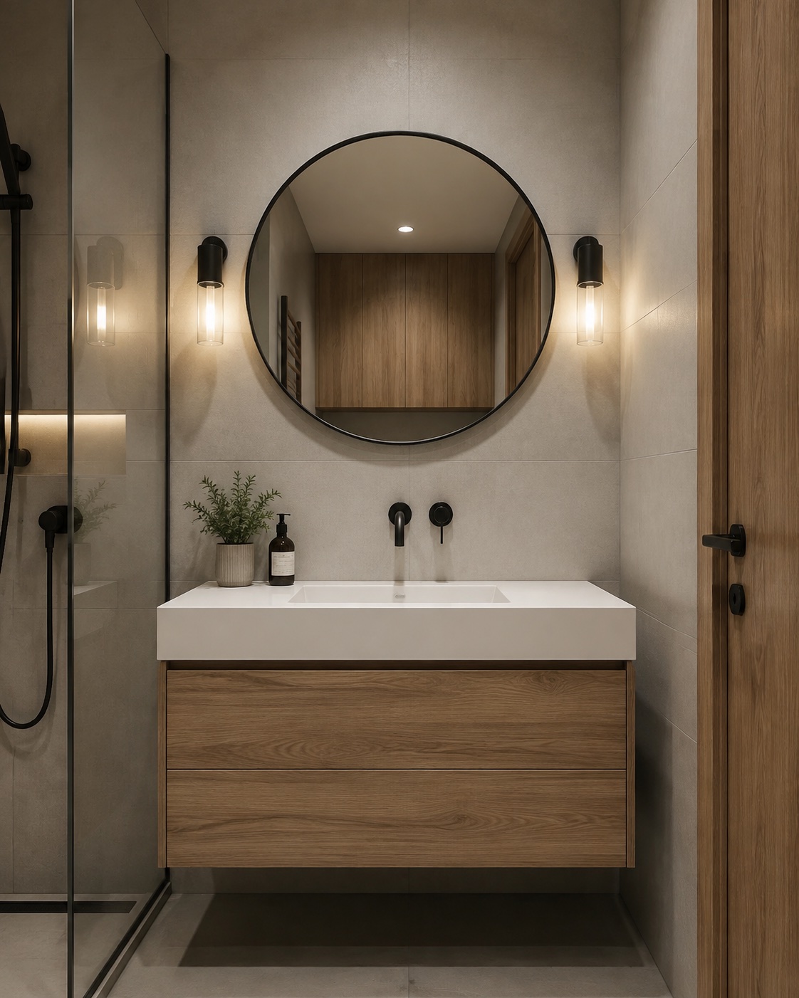 Round mirror in apartment bathroom