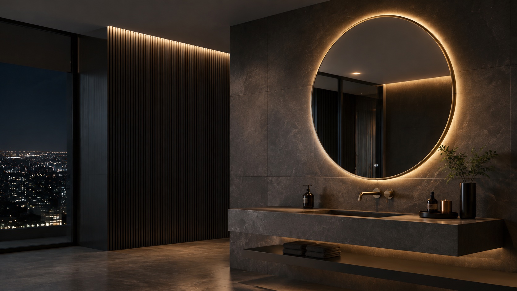 Illuminated round bathroom mirror above a vanity