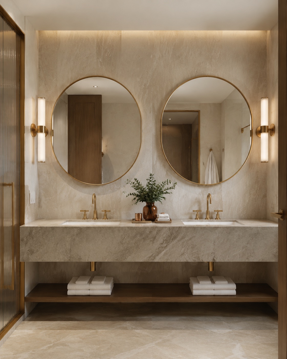 Round mirror in hotel bathroom