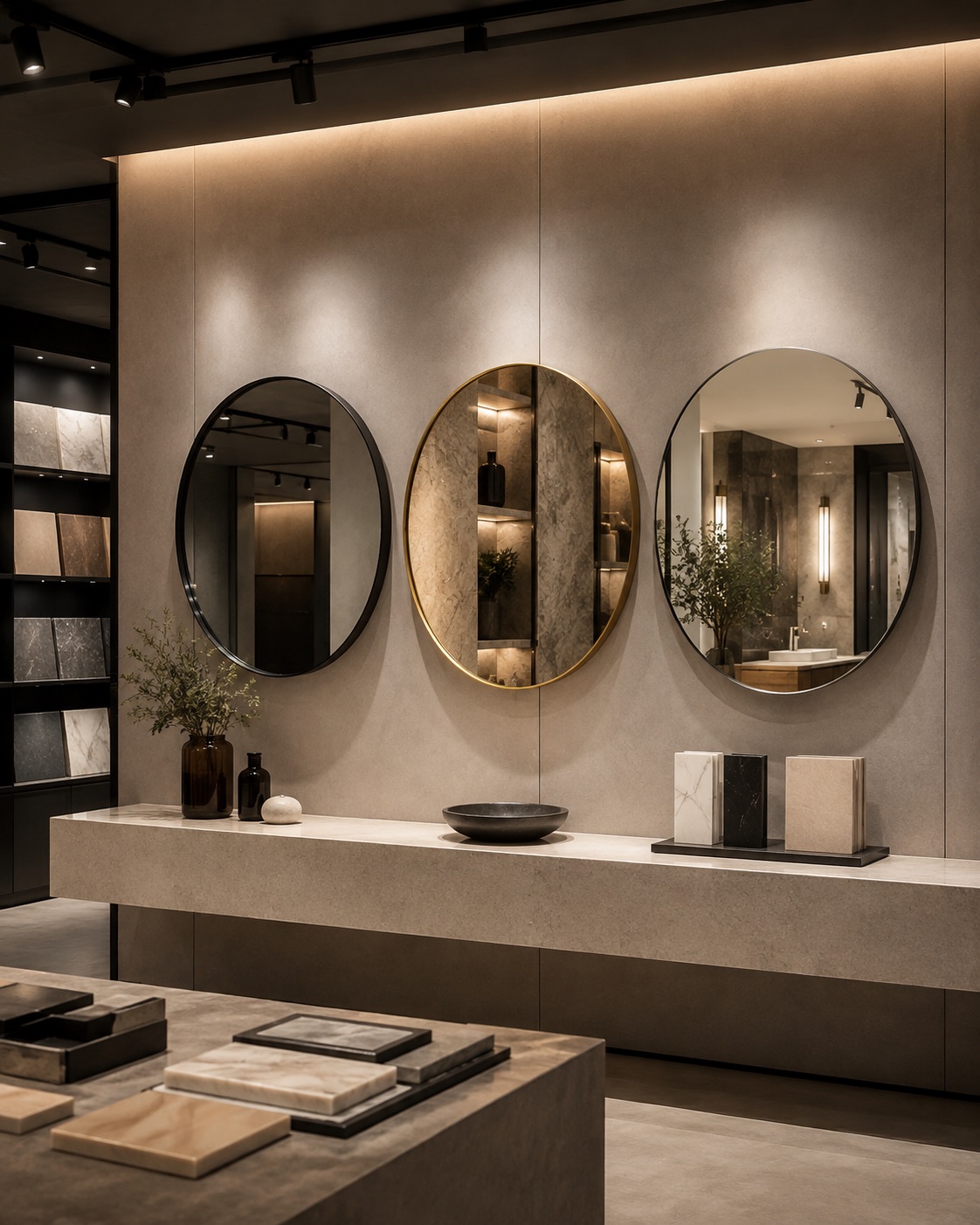 Round framed mirror for a retail collection
