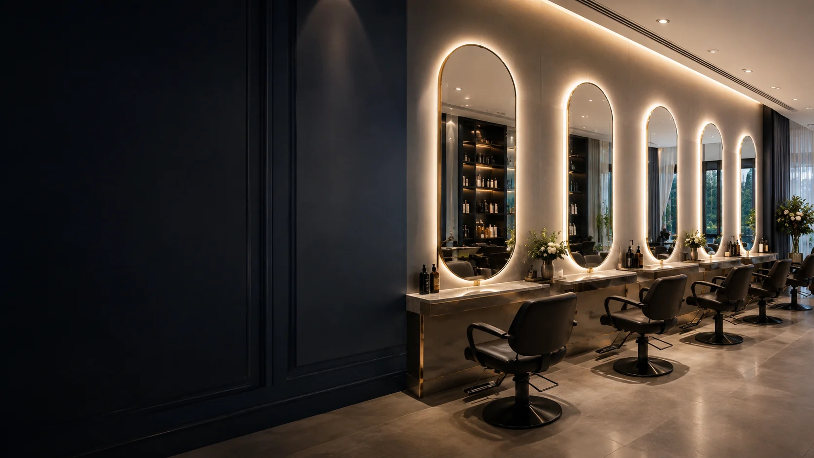 Design visualization of repeated tall arched LED salon mirrors in a premium professional styling space
