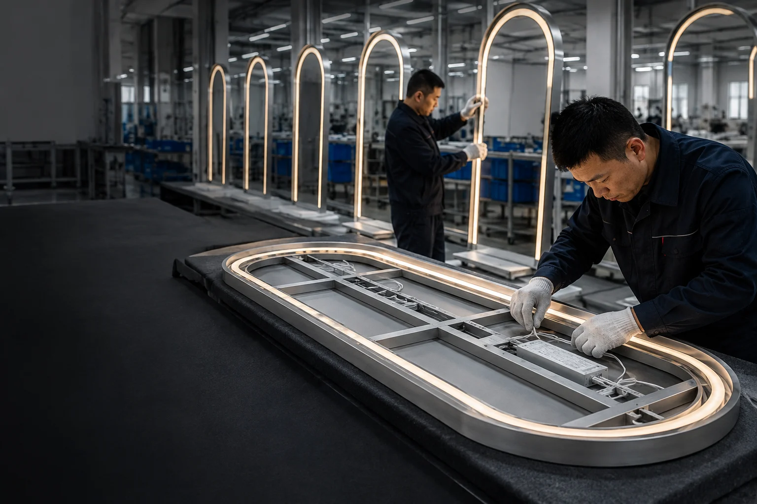 Technicians assembling LED strips, drivers and wiring on a batch of tall arched salon mirrors