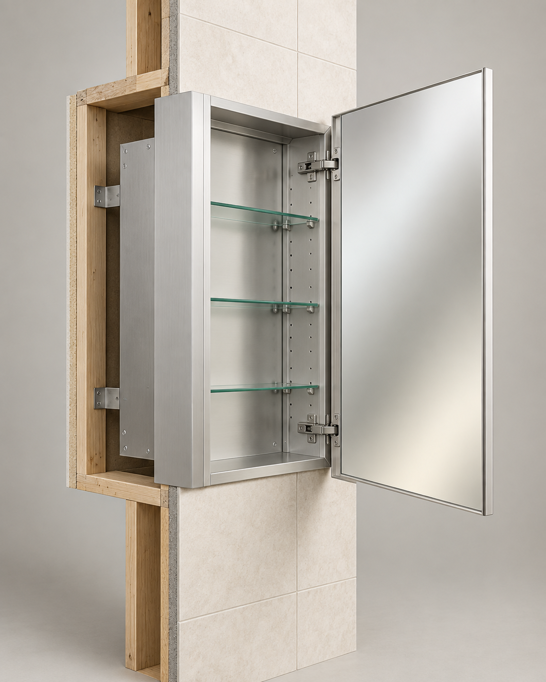 Open semi-recessed aluminum medicine cabinet showing wall cavity, finished projected side, mirror door and adjustable glass shelves