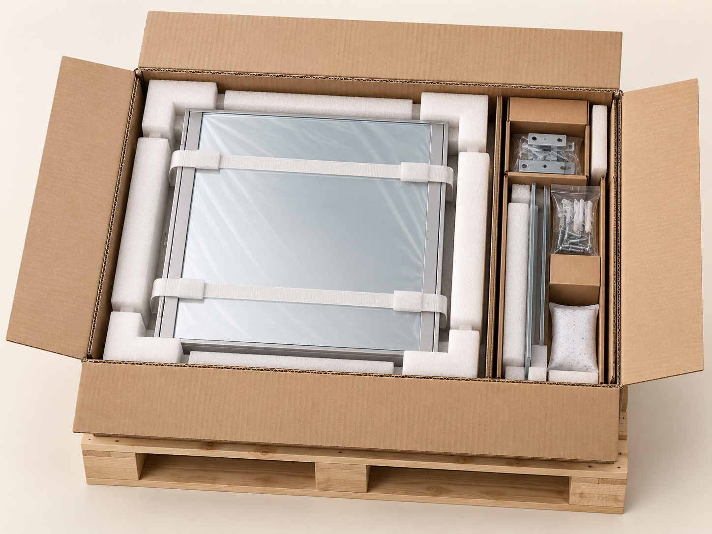 Open export carton showing a mirrored medicine cabinet protected by face film, restraint straps, full-perimeter foam, accessory compartments and a wooden pallet