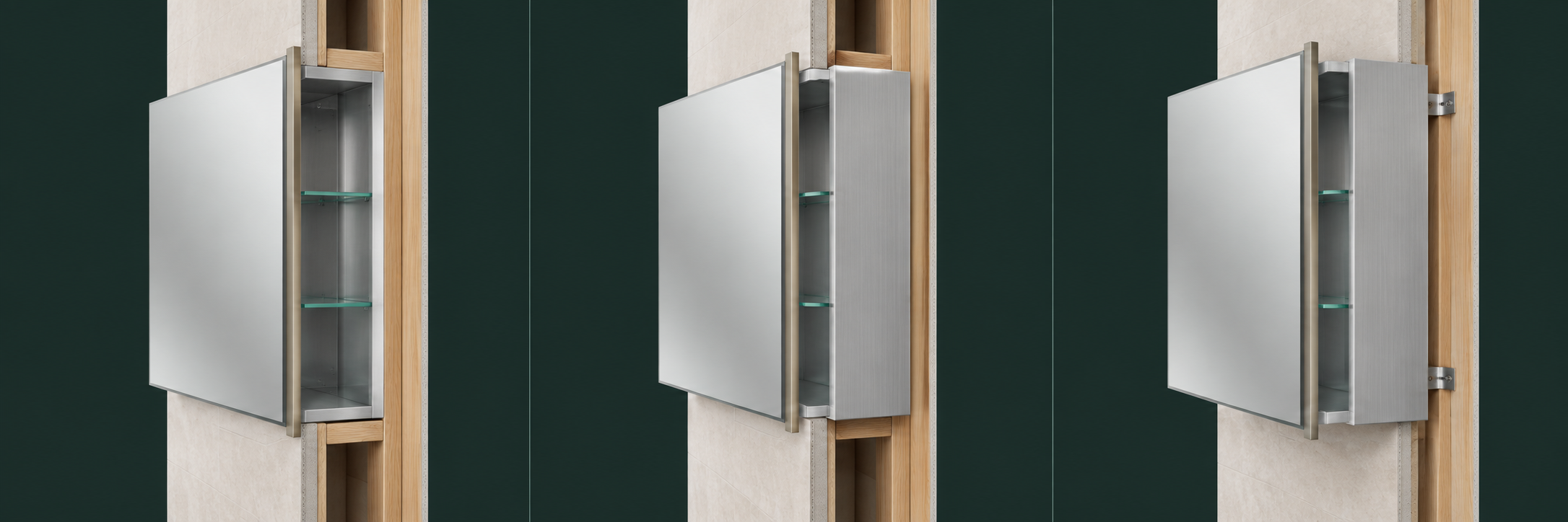Side-by-side cutaway comparison of recessed, semi-recessed and surface-mounted mirrored medicine cabinet installation