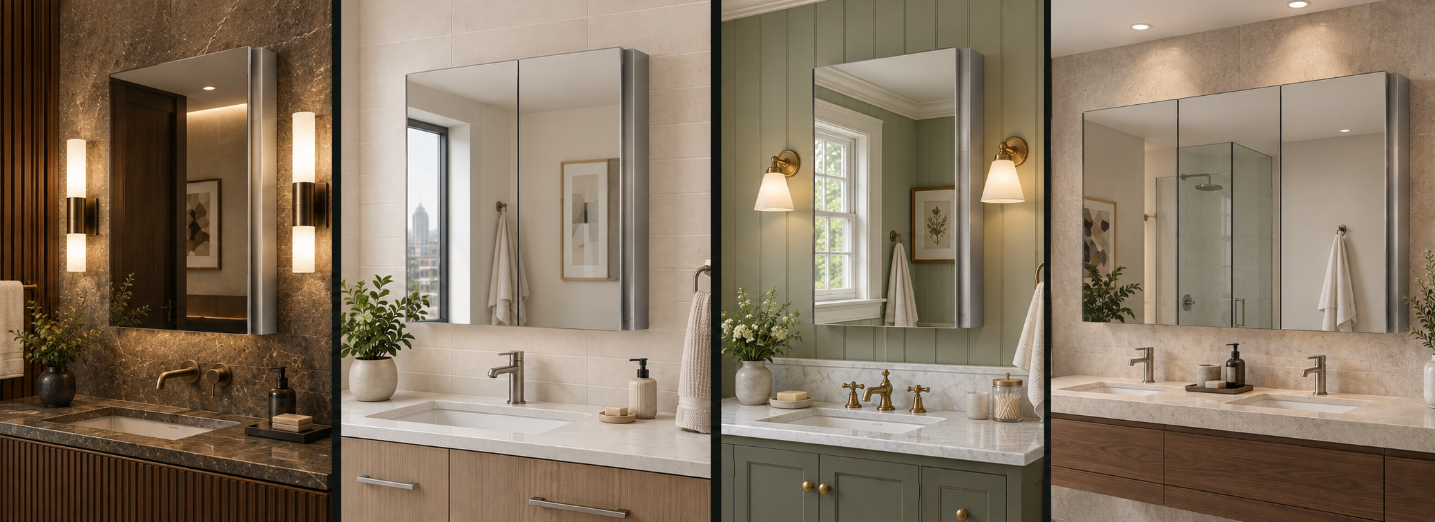 Semi-recessed mirrored medicine cabinets shown in distinct hospitality, multifamily, renovation and private-label project settings