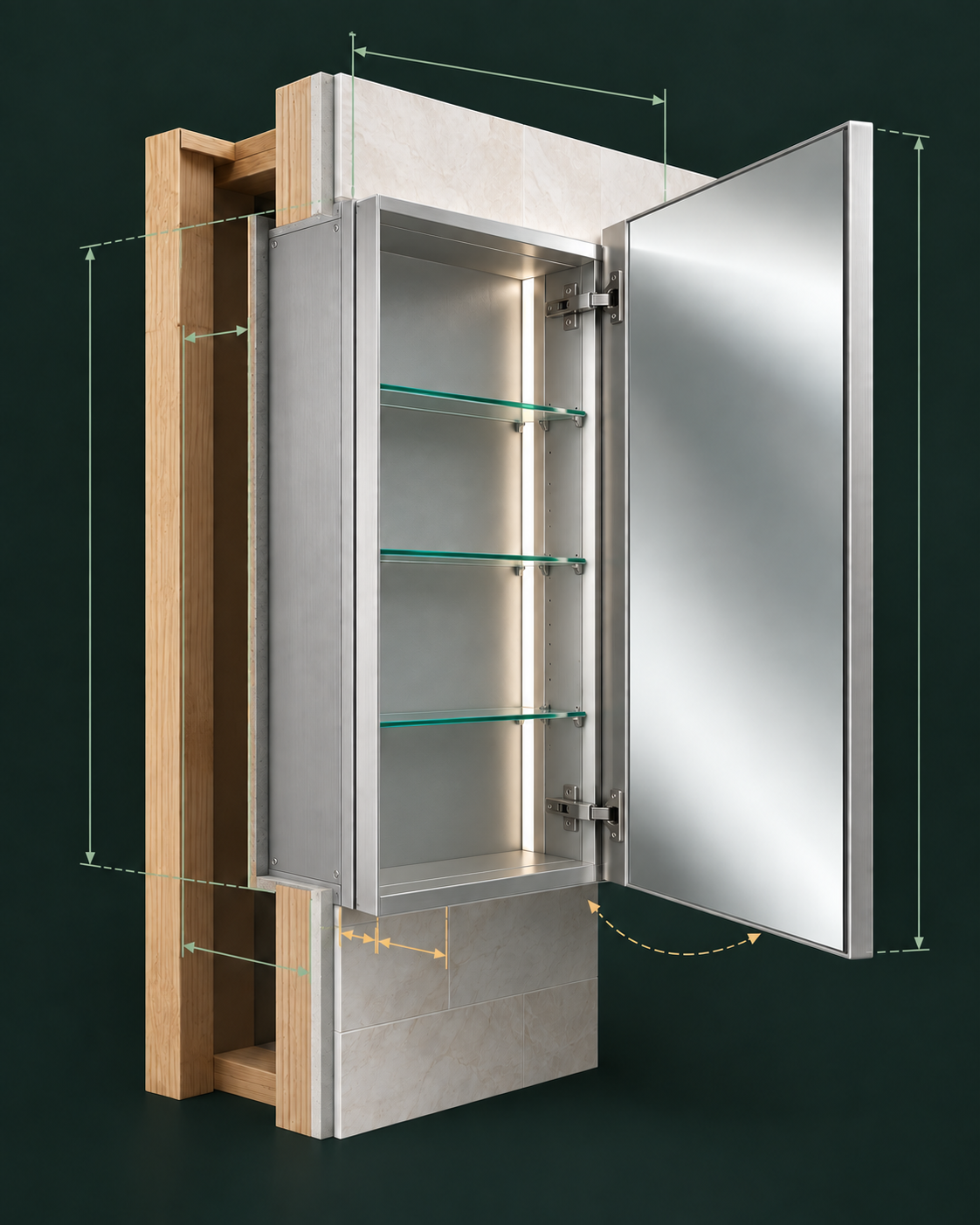 Technical cutaway of a semi-recessed mirrored medicine cabinet showing dimensional, wall and door quotation checkpoints