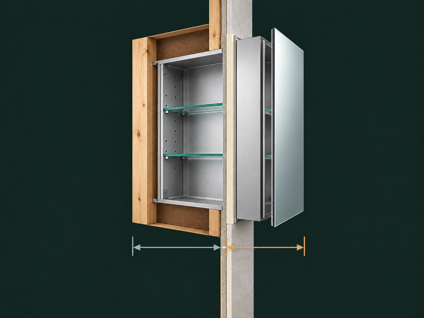 Cutaway view of a semi-recessed mirrored medicine cabinet showing the body inside the wall and the finished portion projecting into the room