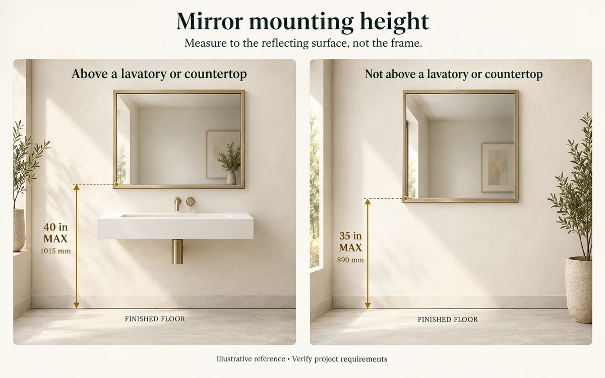3D mounting-height reference with dimensions to the bottom of reflecting glass: 40 inches maximum above a lavatory, 35 inches maximum elsewhere