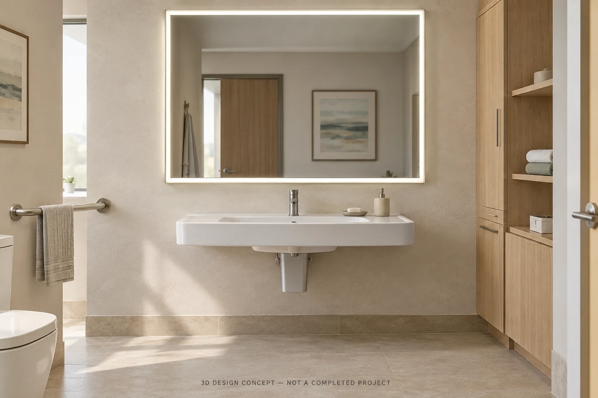 3D design concept of an illuminated mirror above a wall-hung basin in a warm residential-style senior living bathroom