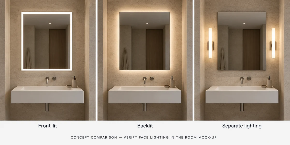 Three matching 3D bathroom scenes comparing a front-lit mirror, a backlit mirror with a wall halo, and a plain mirror with separate wall lights