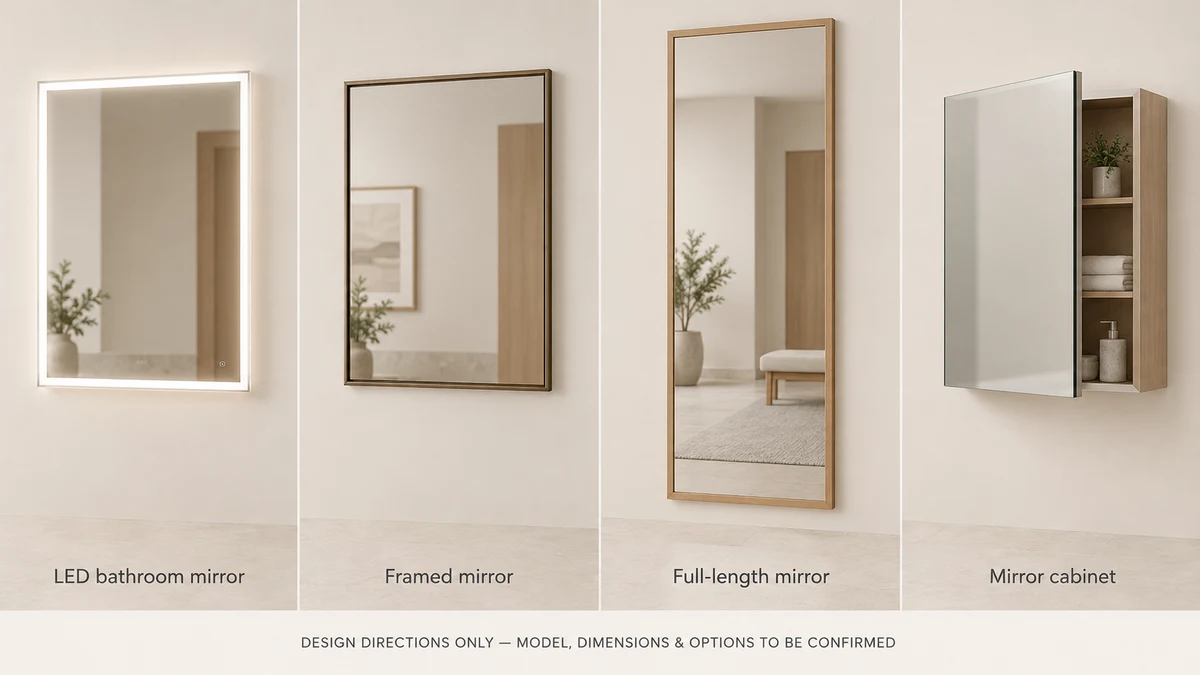 Four generic 3D mirror design directions: illuminated bathroom mirror, framed mirror, full-length mirror and mirrored cabinet