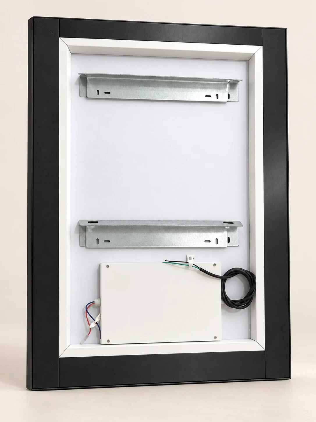 3D rear-view reference showing a black outer frame, white inner frame, two horizontal folded mounting plates, lower white electrical enclosure and right-side cable coil