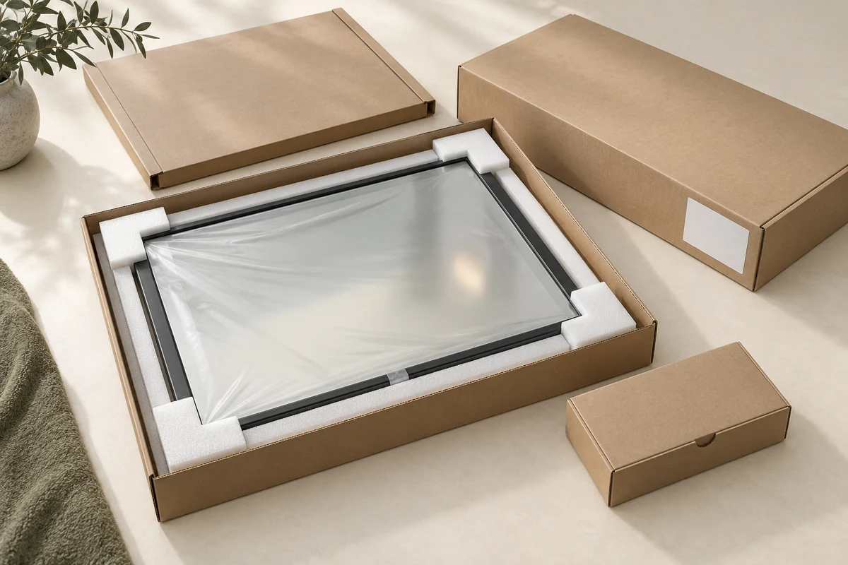 3D packaging planning concept showing protective film, corner cushioning, separate accessories and a carton identification area