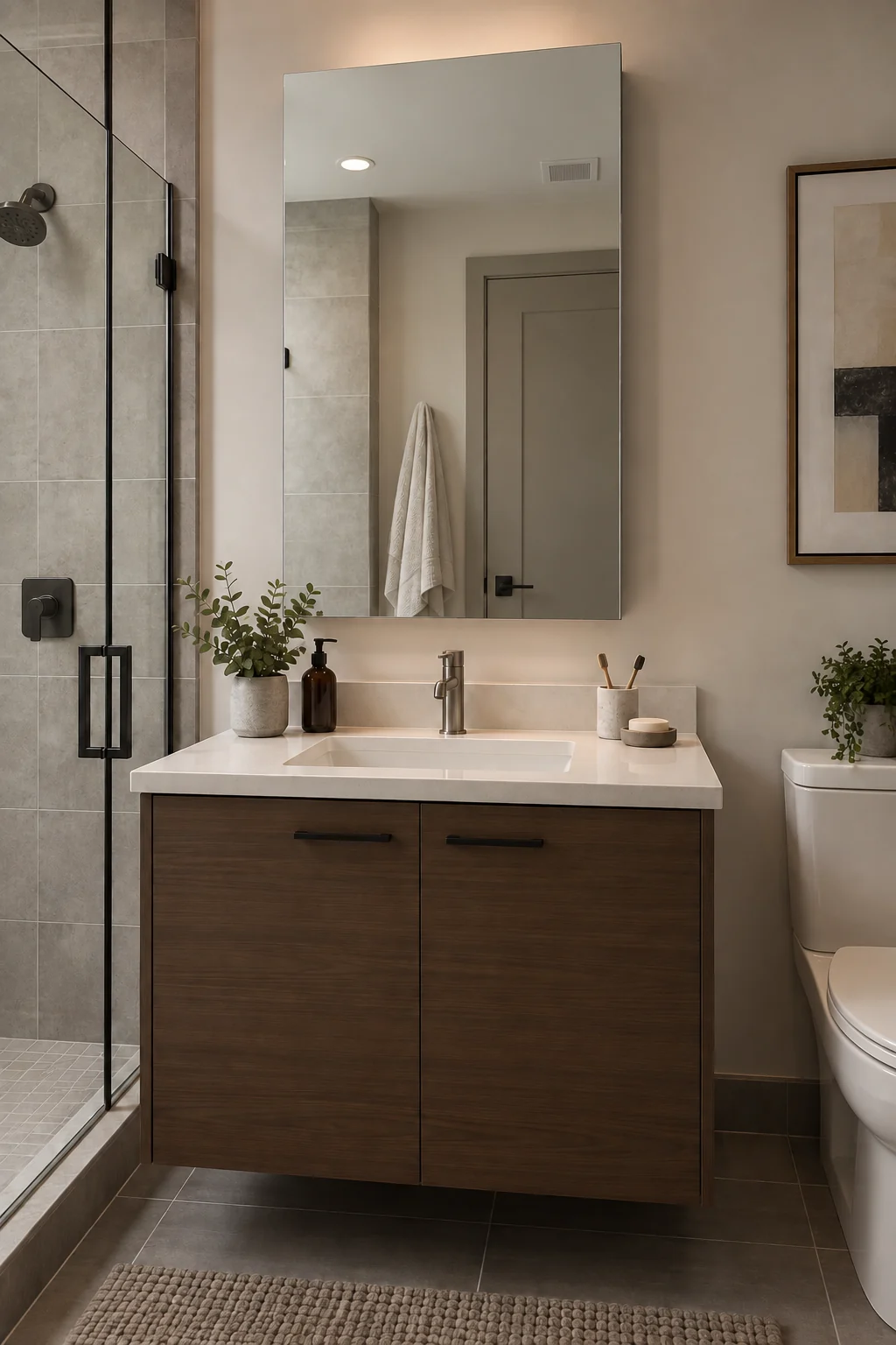 Frameless single-door mirrored medicine cabinet in a repeatable apartment bathroom layout
