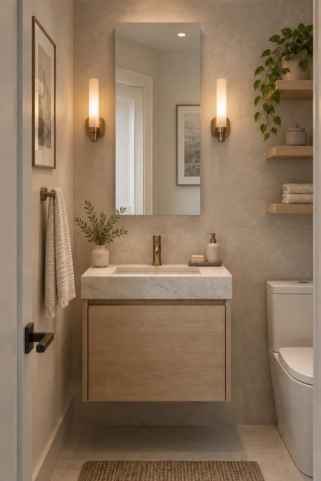 Narrow single-door mirrored medicine cabinet fitted above a compact bathroom vanity