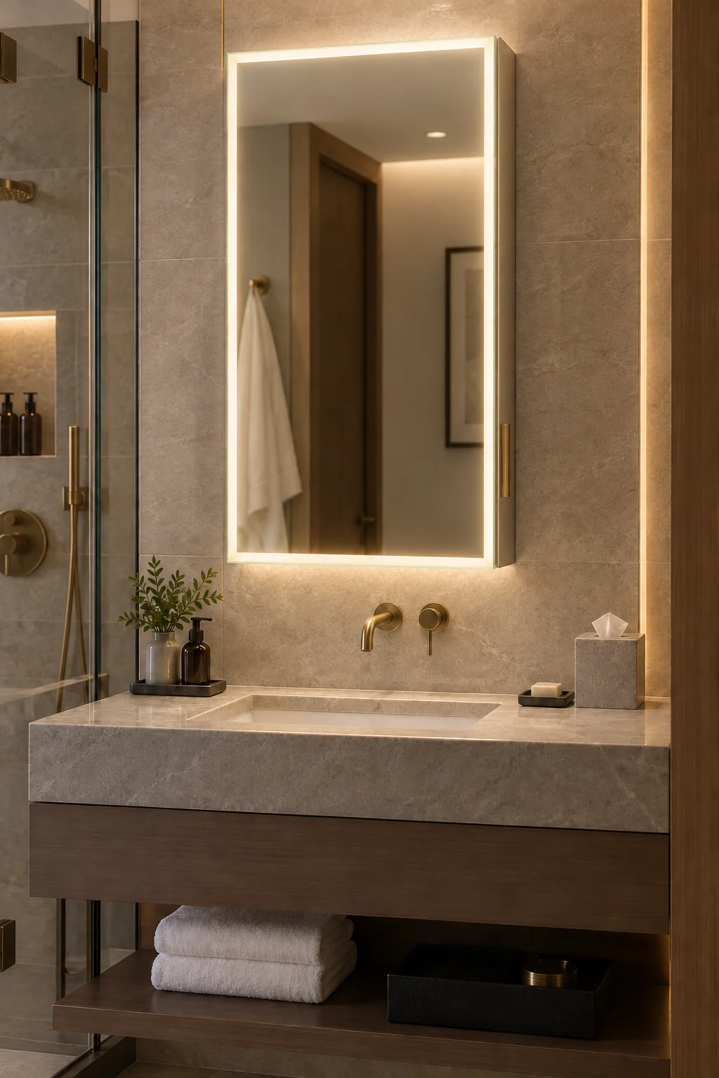 Single-door LED medicine cabinet installed above a vanity in a premium hotel guestroom bathroom
