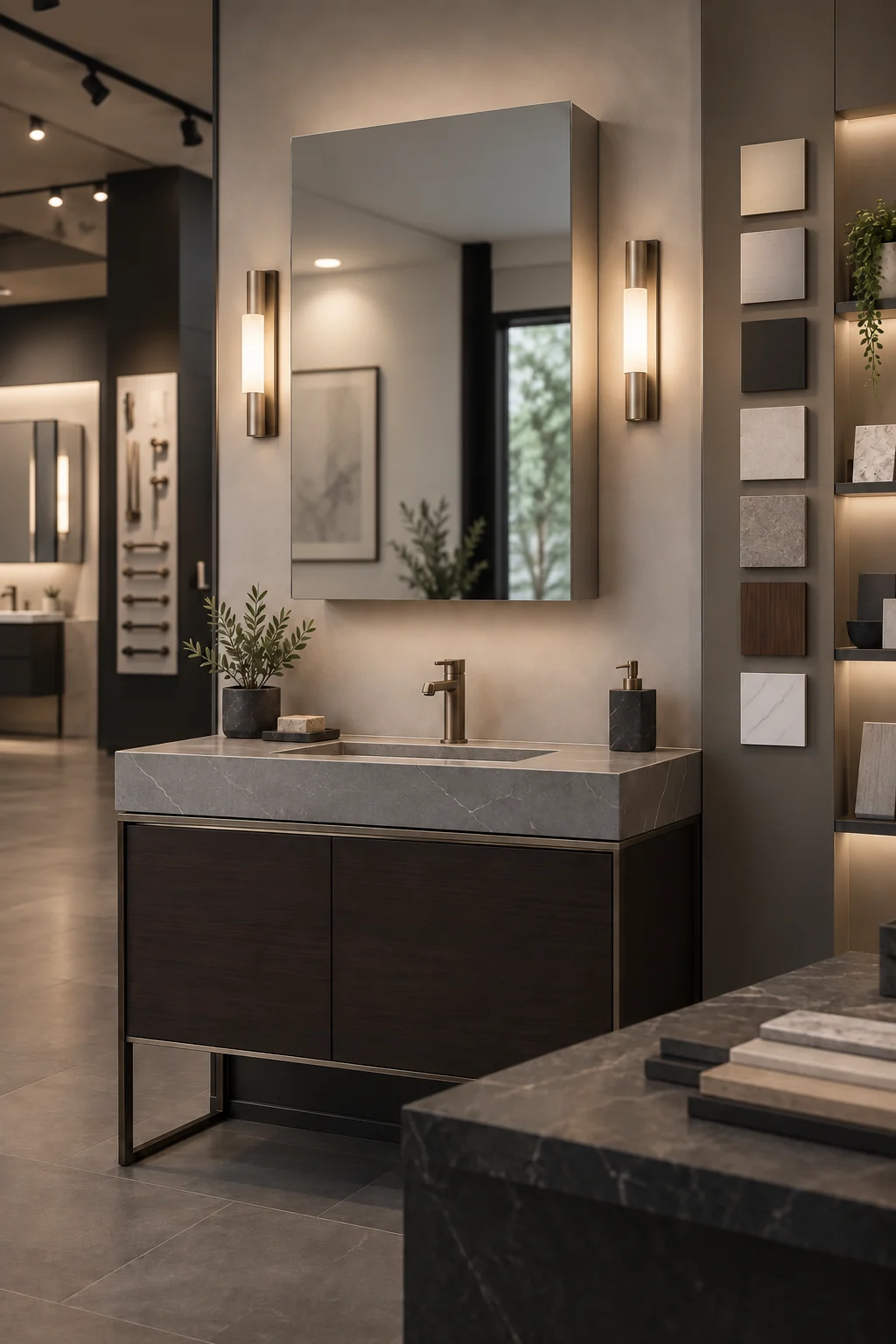 Single-door medicine cabinet displayed with finish samples in a wholesale bathroom showroom