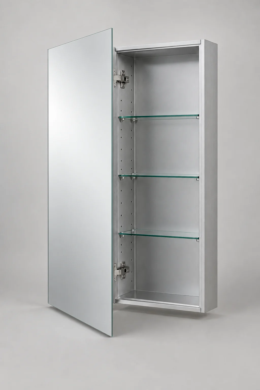 Open frameless mirrored single-door medicine cabinet showing aluminum body, concealed hinges and glass shelves