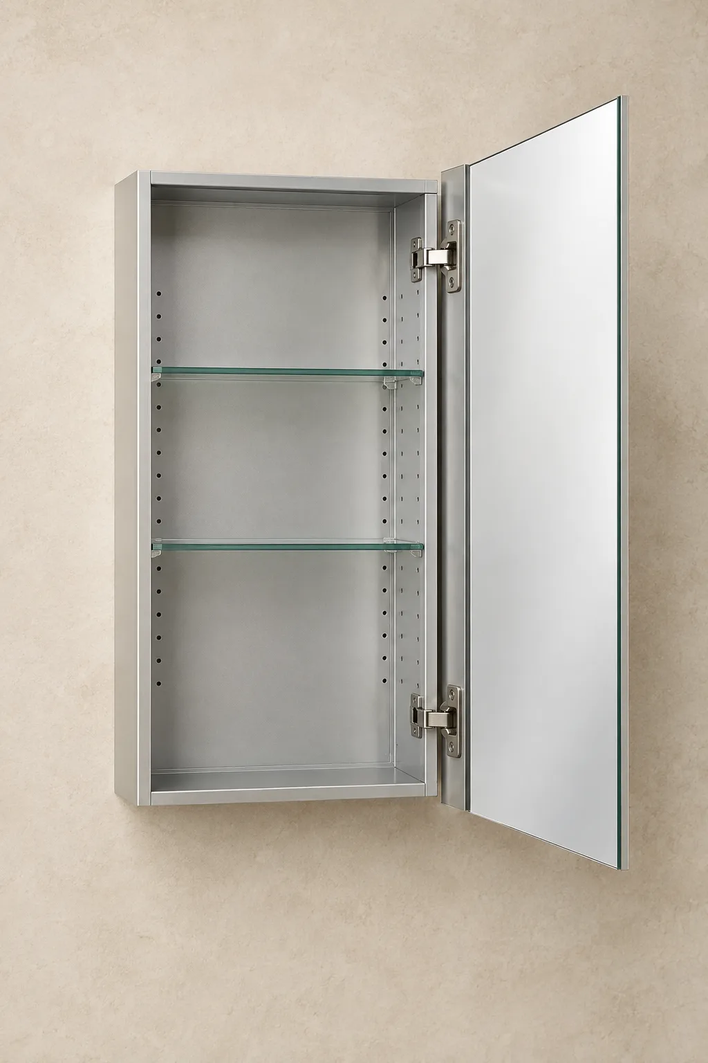 Complete open single-door medicine cabinet showing the aluminum body, two concealed hinges, adjustable shelf holes and glass shelves