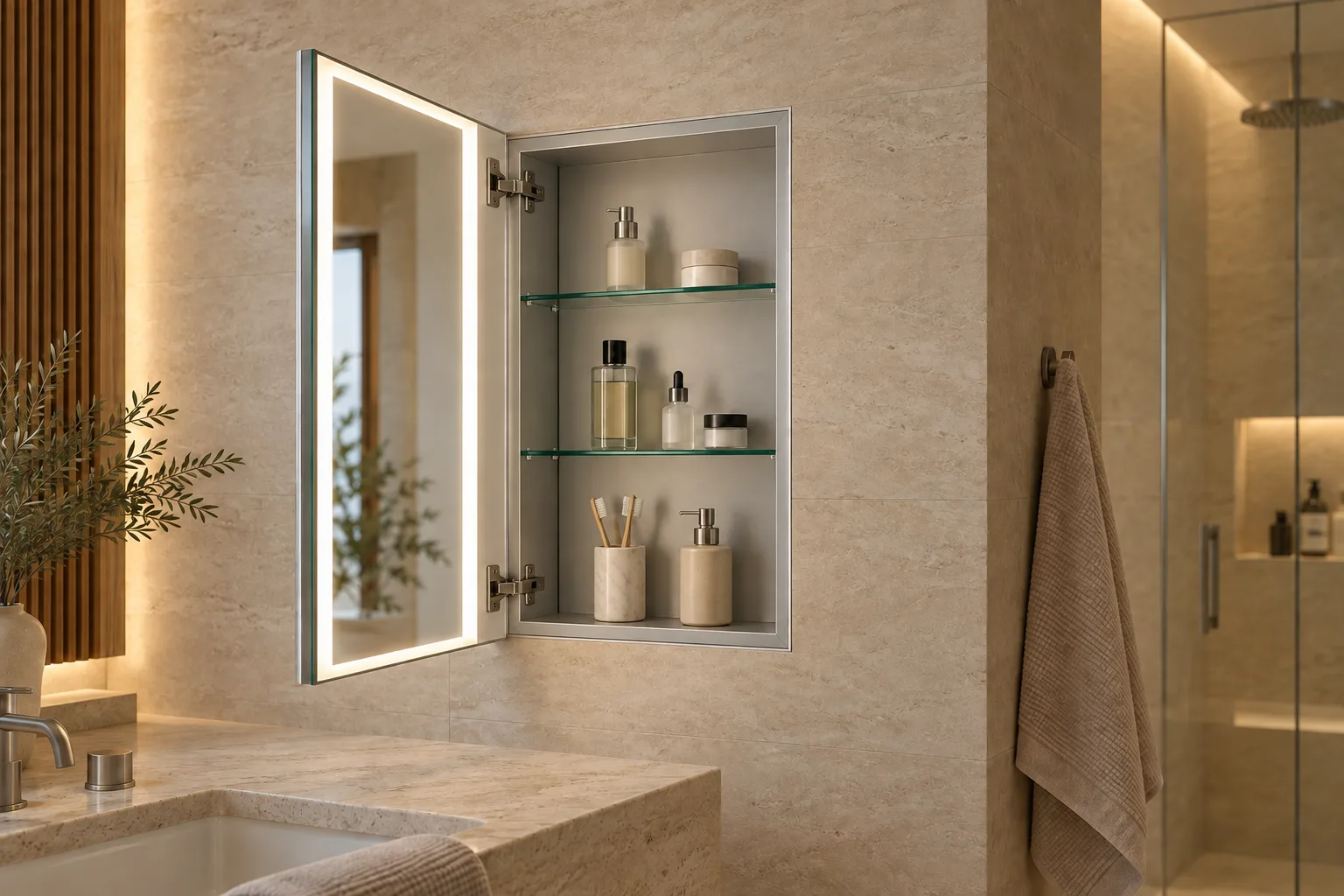 Recessed single-door LED medicine cabinet installed flush in a warm stone bathroom, with the complete mirror door open and two aligned concealed hinges visible
