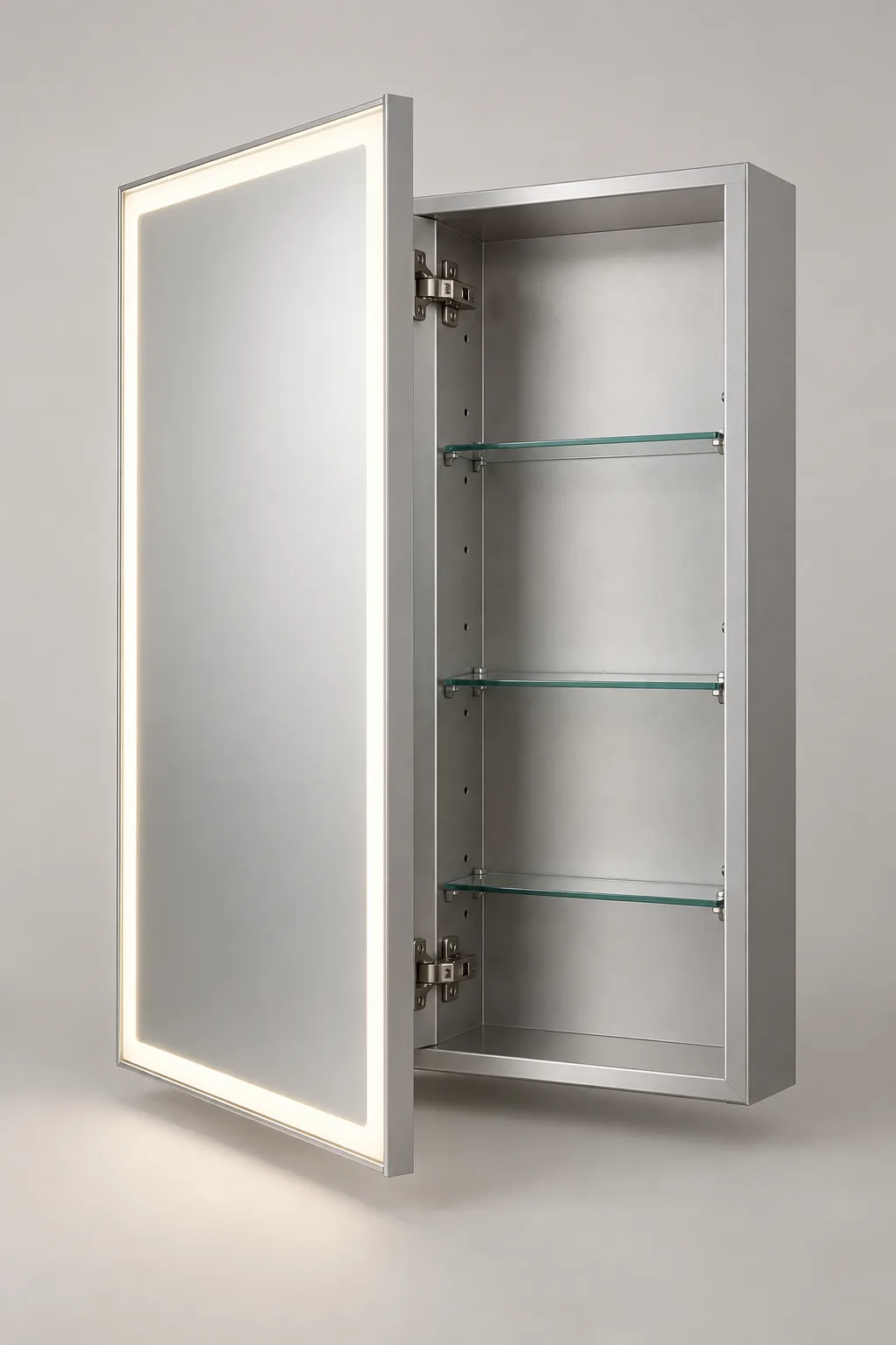 Open single-door LED medicine cabinet showing illuminated mirror door, aluminum body, concealed hinges and glass shelves
