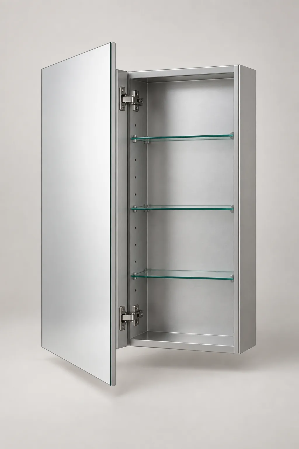 Open non-lighted single-door mirrored medicine cabinet showing aluminum body, concealed hinges and glass shelves