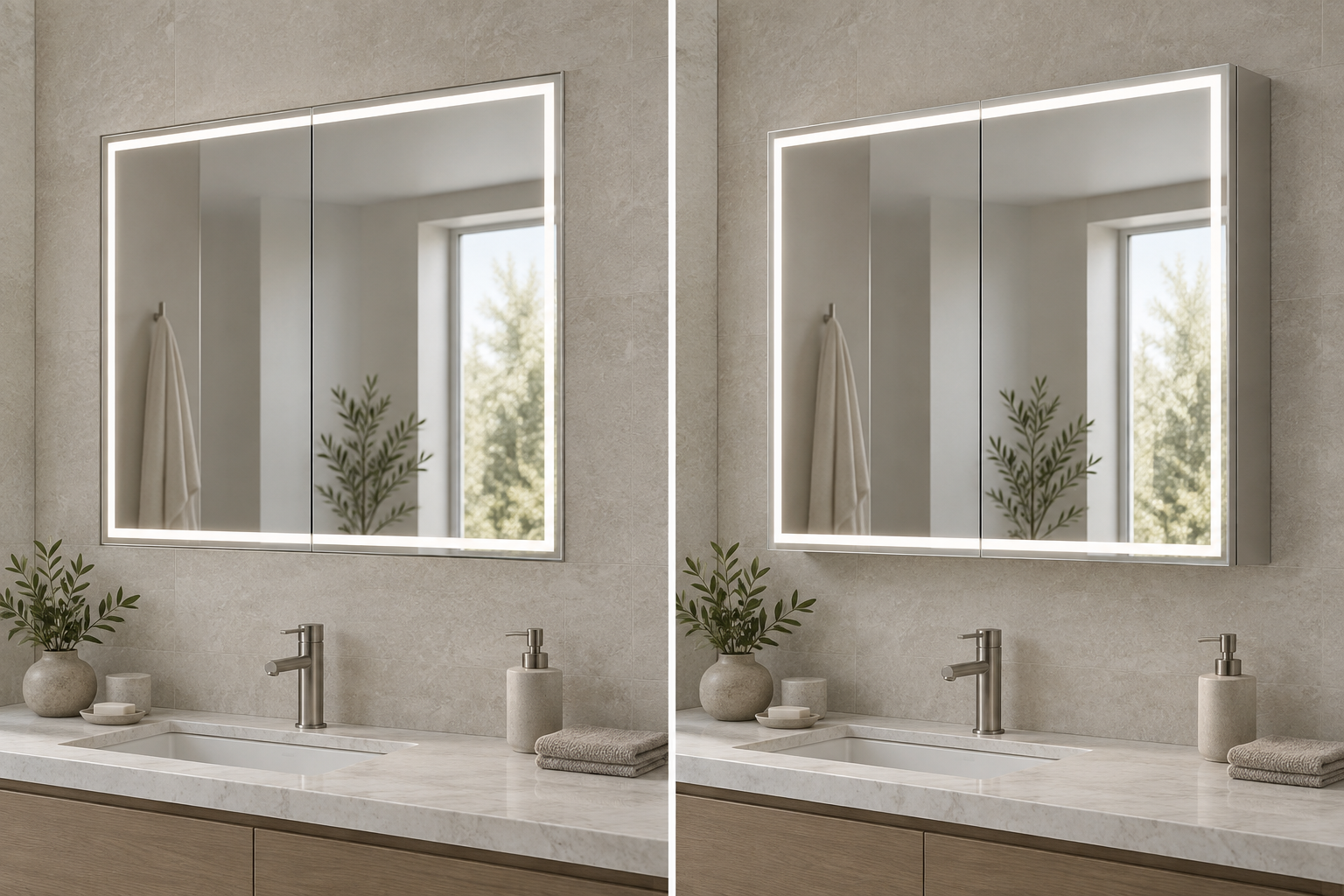 Comparison of the same smart LED medicine cabinet installed recessed and surface mounted