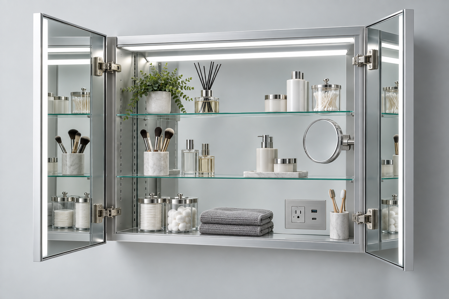 Open smart medicine cabinet showing interior lighting, glass shelves, magnifying mirror and internal power module