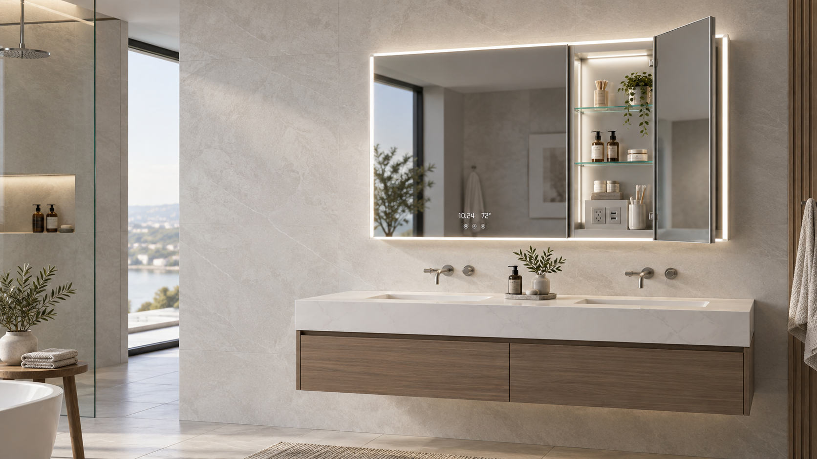 Double-door smart LED medicine cabinet with an open illuminated storage section