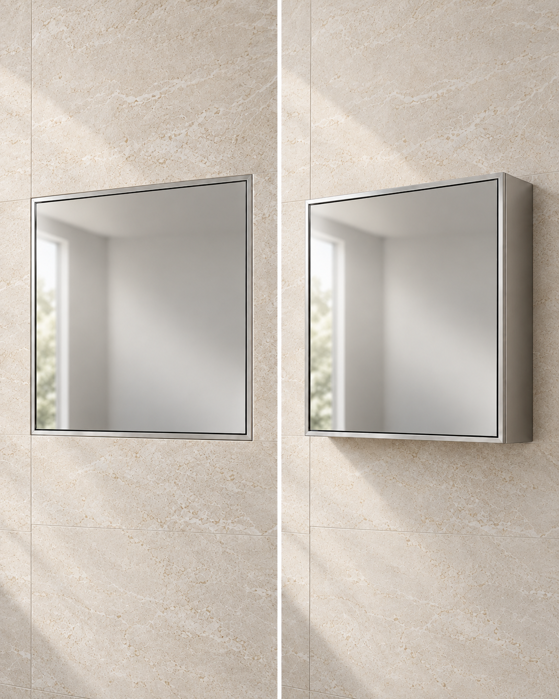 Side-by-side comparison of a flush recessed square medicine cabinet and a projecting surface-mounted cabinet with visible side depth