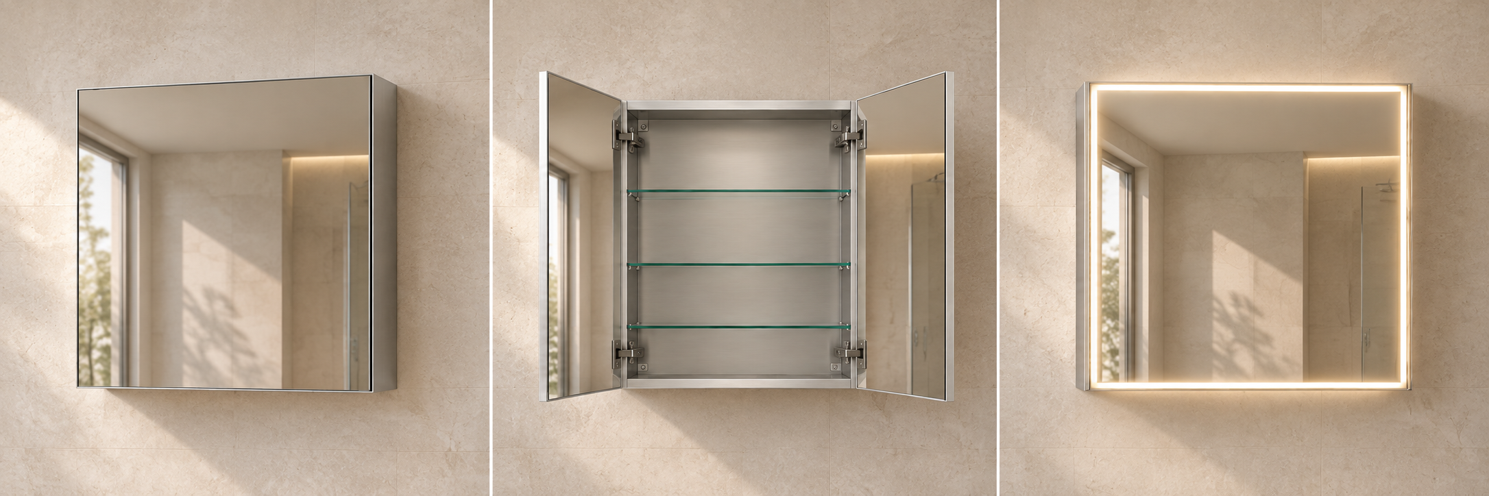Complete closed single-door square mirrored medicine cabinet reflecting a softly lit bathroom