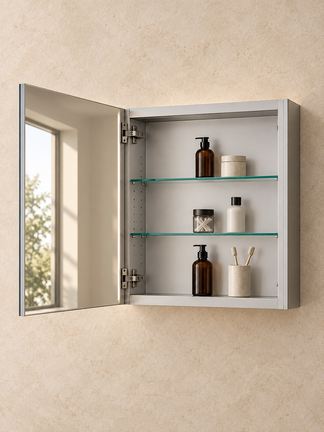 Complete open single-door square medicine cabinet with three adjustable glass shelves on a stone wall