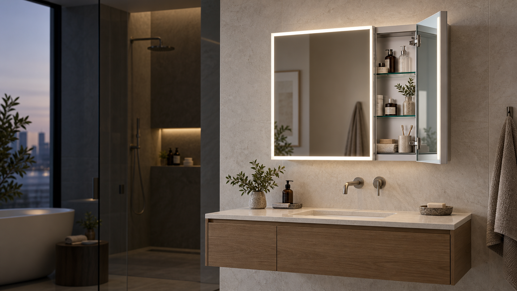 Square lighted mirrored medicine cabinet with an open storage door in a modern bathroom
