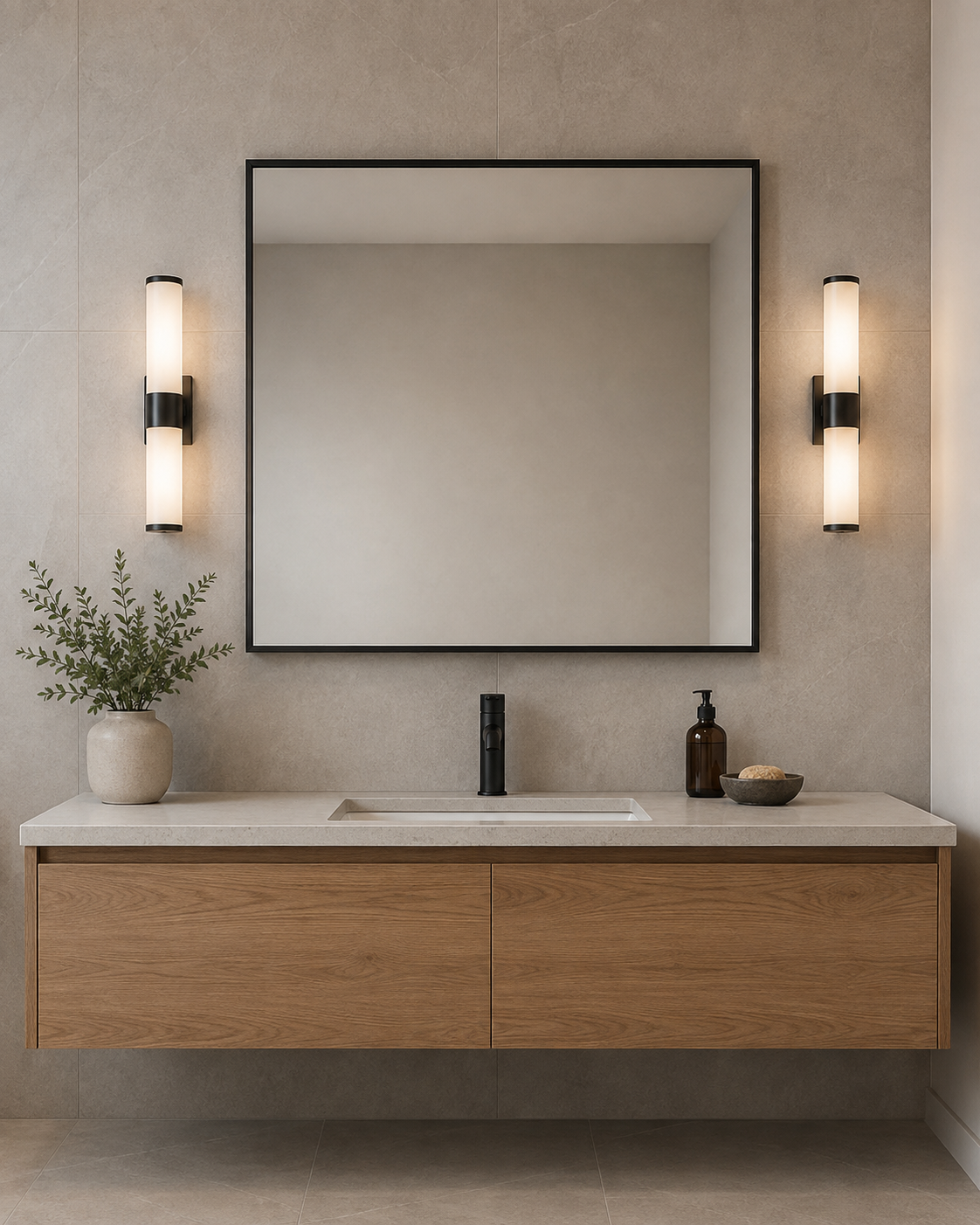 Square framed mirror in an apartment bathroom