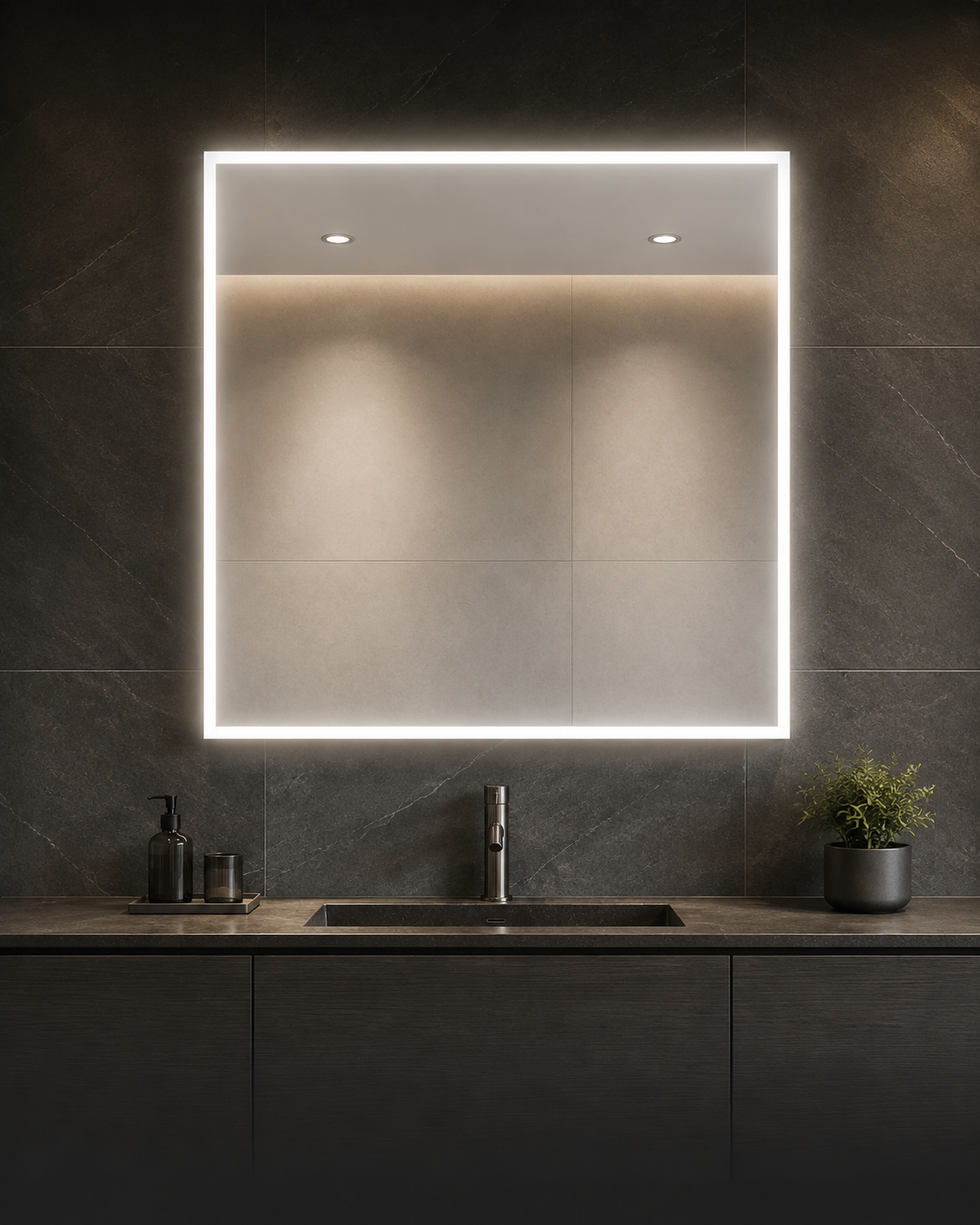 Square front-lit mirror in a commercial washroom