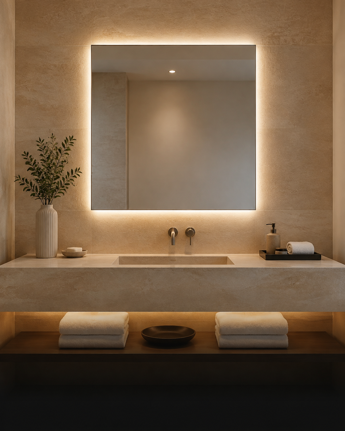 Square backlit mirror in a hotel guest bathroom