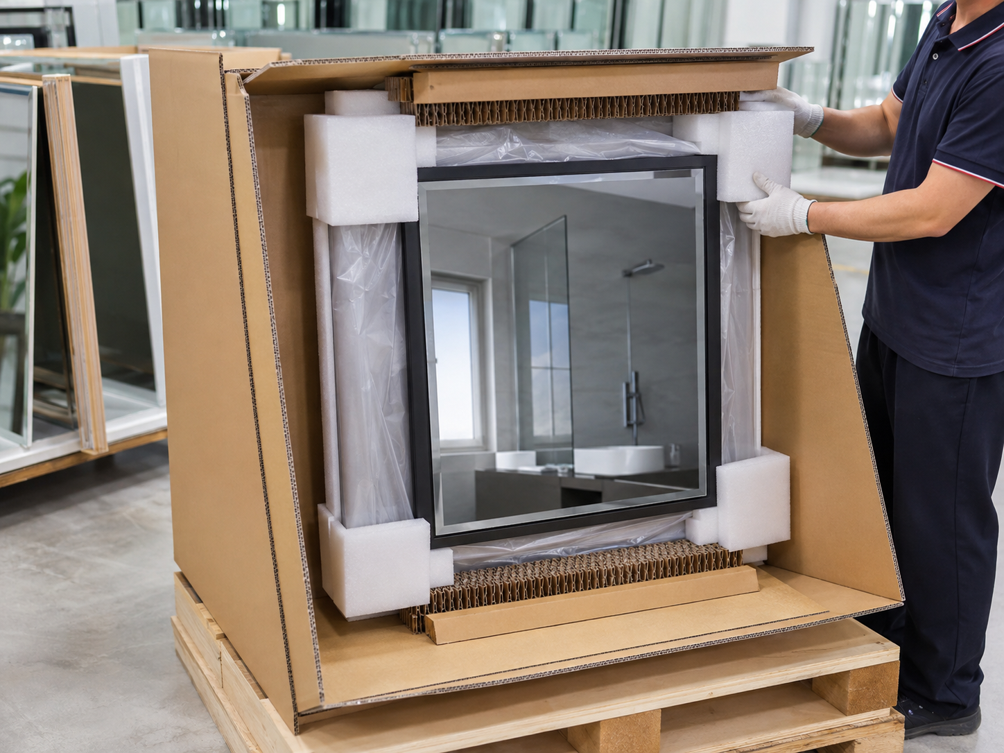 Square mirror protected with foam corners and honeycomb board inside an export carton
