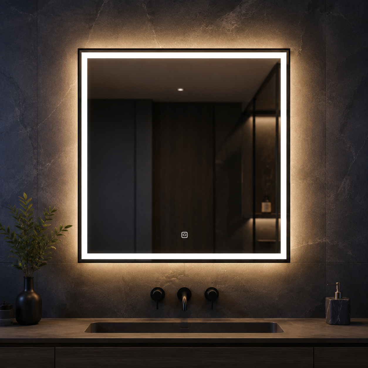 Front-lit square LED mirror